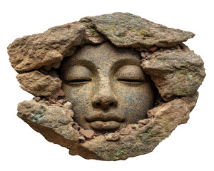 Serene stone face statue, broken and found among an ancient ruin. This artistic element shows calm, spiritual expression with closed eyes, representing peace and meditation