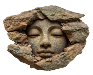 Serene stone face statue, broken and found among an ancient ruin. This artistic element shows calm, spiritual expression with closed eyes, representing peace and meditation