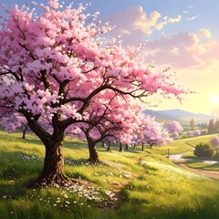 Obraz premium A picturesque landscape bathed in the soft light of dawn, showcasing a field dotted with blossoming cherry trees, a winding path, and a gentle stream meandering through.