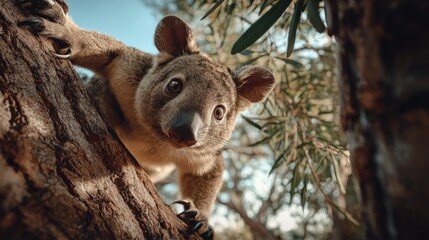Koala Climbing Tree, Australian Wildlife Portrait, Cute Animal in Natural Habitat, Eucalyptus Forest Scene