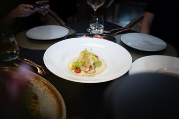 Gourmet Plate: A captivating culinary composition presented with elegant precision, highlighting fresh ingredients and artistry, inviting to indulge the taste buds.