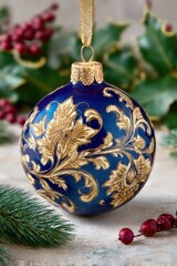 Ornate Navy Blue Christmas Ornament with Golden Floral Designs, Festive Holiday Season Decoration, Celebratory Decor