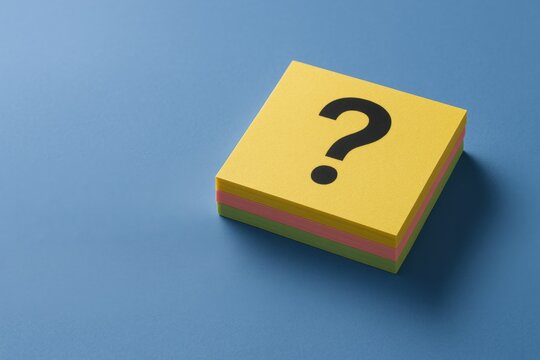 Question Mark on Stack of Colorful Sticky Notes Against Blue Background, Symbolizing Inquiry and Decision Making