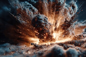 A dramatic, high-contrast image showing a powerful explosion with fiery core and billowing clouds