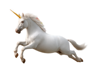 Majestic white unicorn with rainbow mane and golden horn jumping freely. Powerful, whimsical mythical creature, fantasy element isolated on transparent background