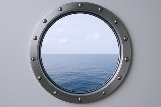 Porthole View: Serene Ocean Scene Through Ship Window, Maritime Exploration, Nautical Adventure, Coastal Travel - Powered by Adobe