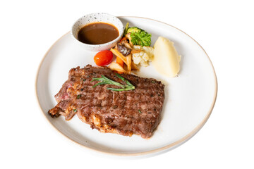 Steak with Side Dish on Plate: An appetizing top-down view of a perfectly grilled steak, paired with a medley of vegetables, creamy mashed potato, and savory gravy, all presented on a stylish plate.