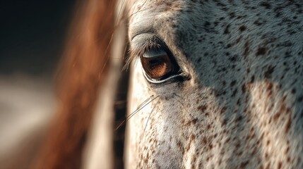 Close-up Portrait of a Horse's Eye: Captivating Gaze and Spotted Coat Detail in Equestrian Photography