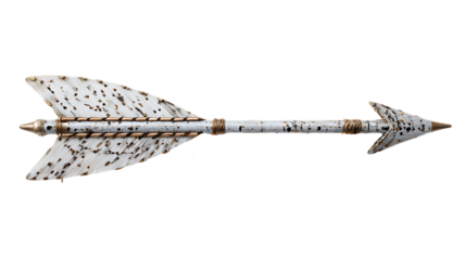 A single arrow with a white speckled shaft and gold accents isolated on transparent background