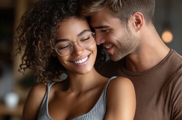 a happy young couple dancing in the living room, the woman with curly hair and glasses wearing a grey dress, the man tall and wearing a brown t-shirt