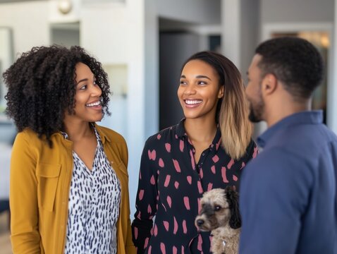 Three smiling black latin african american friends colleagues with a pet dog women man talking in an office. Veterinary clinic medical doctor consultory
