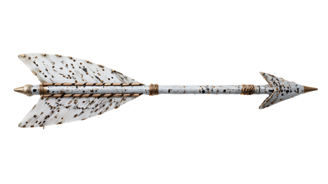 A single arrow with a white speckled shaft and gold accents isolated on transparent background - Powered by Adobe