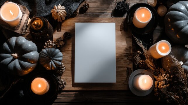 Moody Autumn Still Life with Candles and Pumpkins, Blank Card Mockup on Rustic Wood