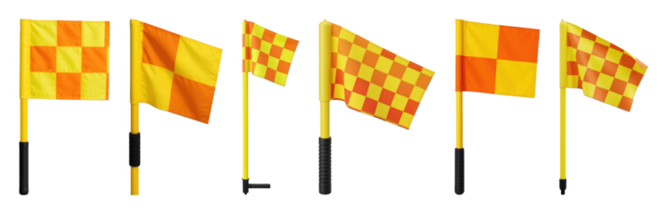 Yellow and orange checkerboard assistant referee flag set including various angles and handheld positions isolated. Football and soccer match equipment.