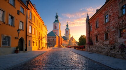 Cobblestone street leads to two church towers between colorful buildings at sunset