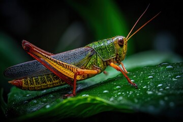 Fototapeta premium Vibrant Grasshopper Close-Up on Leaf, Displaying Detailed Anatomy and Textures in Natural Habitat