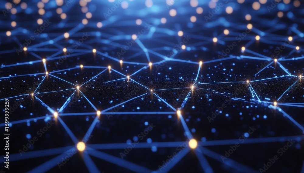 Poster futuristic blue digital background with connected dots and sci-fi hexagonal technology design