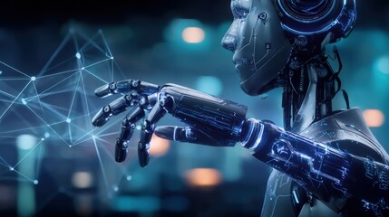 Futuristic Robot Interacting with a Digital Network, Representing Artificial Intelligence and Technological Advancement