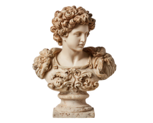 Antique Roman emperor bust statue, classic art sculpture of man with curly hair. An ancient element showing noble, contemplative expression, isolated on transparency background