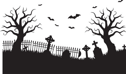 "Spooky Graveyard Silhouette with Bats and Twisted Trees – Halloween Horror Background"