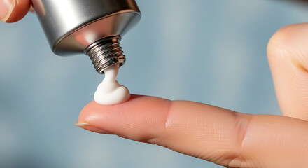 Applying topical cream to a finger close-up shot of the skincare routine and treatment