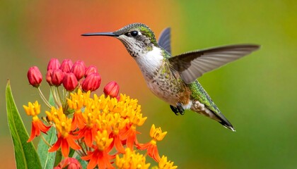 Vibrant hummingbird in flight, hovering near a cluster of colorful flowers, showcasing a beautiful display of nature's artistry.