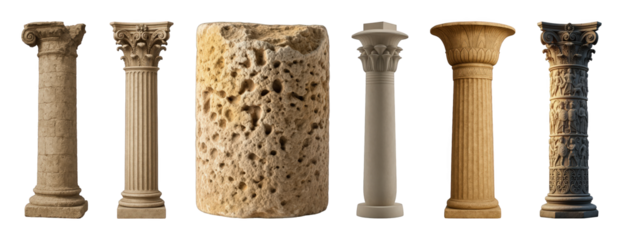 Ancient column set including classical, rustic, Egyptian, fluted, and carved styles isolated. Historical architectural elements.