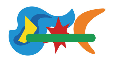 Abstract colorful shapes forming a dynamic composition with a guitar-like blue element and a green bar.
