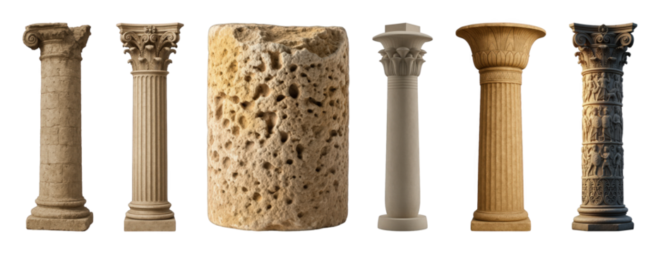 Ancient column set including classical, rustic, Egyptian, fluted, and carved styles isolated. Historical architectural elements.