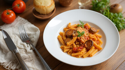 Ziti with sausage and tomato sauce, Italian Pasta