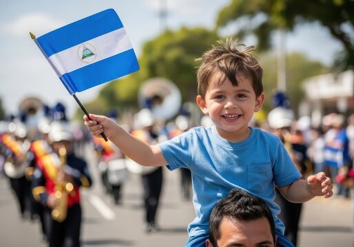 joyful child waves nicaraguan flag while sitting on adult's shoulders at lively parade. national pride and celebration. cultural festival, event, nicaragua independence day