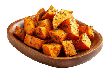 Baked or roasted sweet potato cubes with herbs and spices on wooden plate, isolated on white transparent background, concept of healthy homemade snack