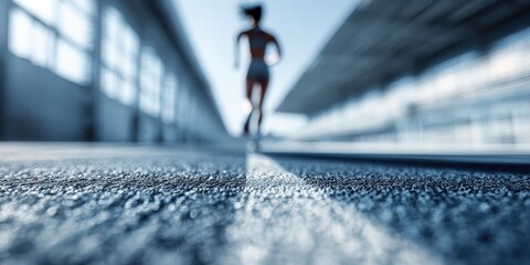 Runner on Urban Asphalt: Low-Angle Shot of Woman Jogging for Fitness and Healthy Lifestyle