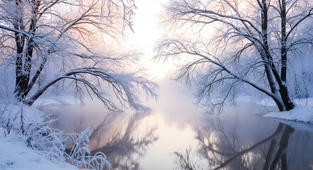 Beautiful winter landscape with snow covered trees and a calm river