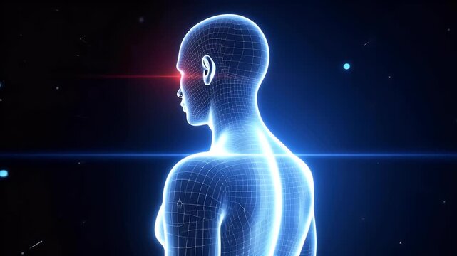 Wireframe human figure, profile view, glowing red eye, futuristic digital anatomy.
