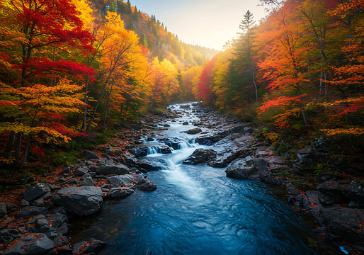 Autumnal mountain stream flowing through vibrant fall foliage, a serene landscape.