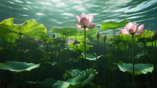 Pink water lilies underwater