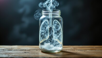 Symbolic conceptual shot of glass jar filled with mist shaped like lungs