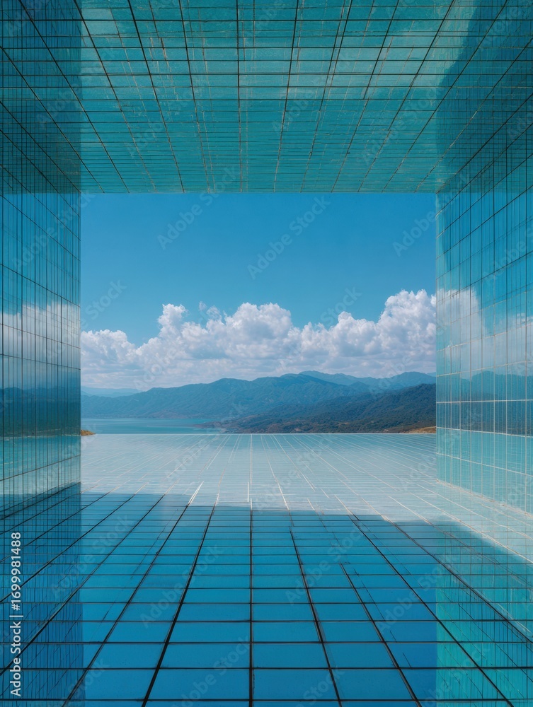 Aufkleber modern architectural design featuring a glass structure overlooking a scenic mountain view with a cl