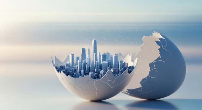 Abstract shattered globe with cityscape reflecting future global business and technology