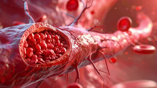 Microscopic view of a blood vessel severely blocked by a clot, red blood cells clustered.