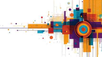 Abstract Geometric Design With Colorful Shapes And Lines On Black Background