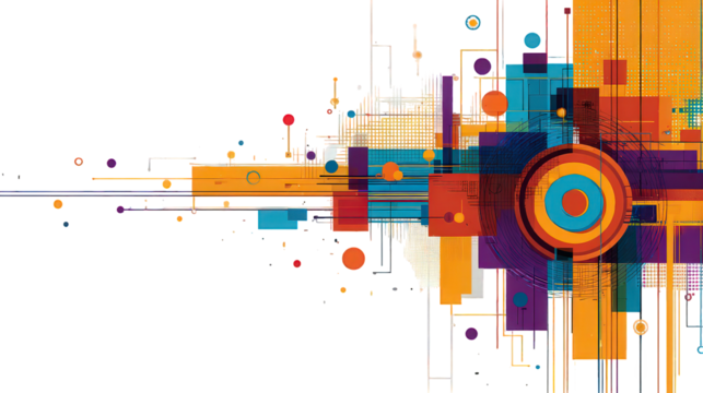 Abstract Geometric Design With Colorful Shapes And Lines On Black Background