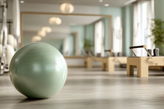 Pilates Studio Interior with Exercise Ball in Focus for Fitness and Wellbeing Concepts