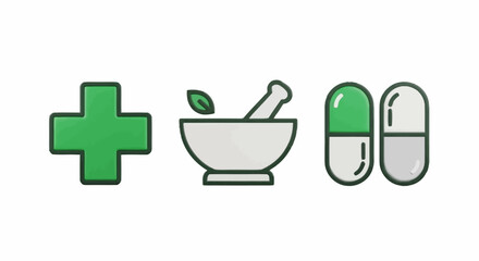 Herbal Medicine and Pharmaceutical Icon Set for Healthcare Promotion and Medical Illustration Projects, Promoting Wellness and Alternative Therapies