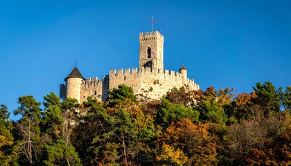 Fototapeta premium A majestic stone castle stands tall atop a hill, surrounded by colorful autumn foliage against a clear blue sky.
