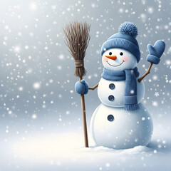 Cute snowman with broom in winter wonderland with falling snow