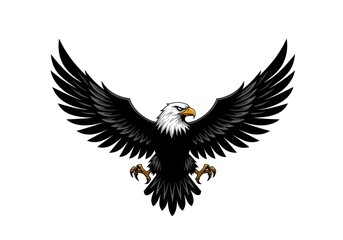 Stylized Black and White Eagle Illustration with Open Wings on White Background