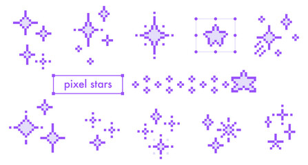 Purple pixel y2k stars and sparkles icons on white bg. 8 bit game glitter mosaic shapes in space. Simple galaxy pattern set. Abstract celestial vector elements for nostalgic digital retro aesthetic © Mariia