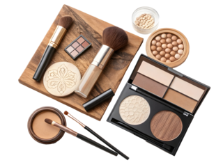 Flatlay of Beige and Brown Cosmetic Products Makeup Brushes Powder Compact Eyeshadow Palette Concealer on Wooden Board isolated on a transparent background